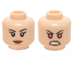 Minifigure, Head Dual Sided Female Black Eyebrows, Long Eyelashes, Medium Nougat Lips, Grin / Bared Teeth and Red Eyes Pattern