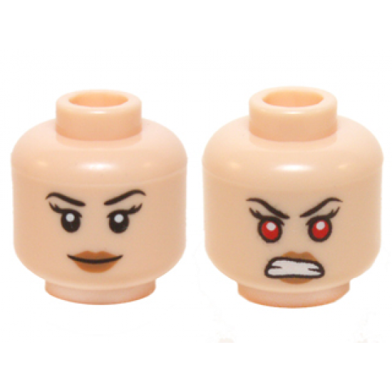 Minifigure, Head Dual Sided Female Black Eyebrows, Long Eyelashes, Medium Nougat Lips, Grin / Bared Teeth and Red Eyes Pattern