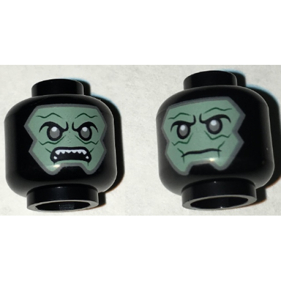 Minifigure, Head Dual Sided Alien Balaclava with Sand Green Skin, Dark Gray Eyes, Neutral / Angry Open Mouth with Teeth Pattern