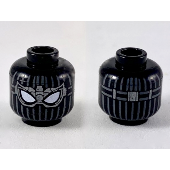 Minifigure, Head Alien with Spider-Man Dark Bluish Gray Vertical Lines, Dark Silver Goggles, Large White Eyes Pattern
