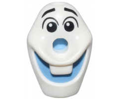 Minifigure, Head, Modified Olaf with Hole on Top with Molded Medium Blue Mouth and Nose and Printed Black Raised Eyebrows and Eyes with  Glints to Right Pattern