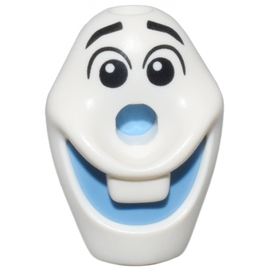 Minifigure, Head, Modified Olaf with Hole on Top with Molded Medium Blue Mouth and Nose and Printed Black Raised Eyebrows and Eyes with  Glints to Right Pattern
