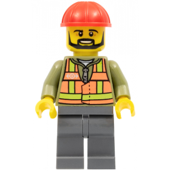 Light Orange Safety Vest, Dark Bluish Gray Legs, Red Construction Helmet, Black Beard