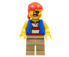 Pirate Man, Striped Red and White Shirt Under Blue Vest, Red Bandana, Left Eye Patch and 3 Gold Teeth, Dark Tan Legs