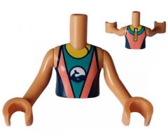 Torso Mini Doll Girl Coral, Dark Turquoise and Dark Blue Wetsuit with Yellow Collar and Zipper and Dolphin / Whale Logo Pattern, Nougat Arms with Hands