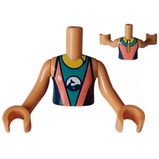 Torso Mini Doll Girl Coral, Dark Turquoise and Dark Blue Wetsuit with Yellow Collar and Zipper and Dolphin / Whale Logo Pattern, Nougat Arms with Hands