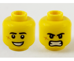Minifigure, Head Dual Sided Black Eyebrows, Cheek Scar, Large Smile with Teeth / Angry Pattern