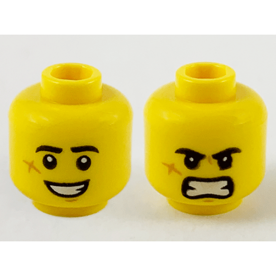 Minifigure, Head Dual Sided Black Eyebrows, Cheek Scar, Large Smile with Teeth / Angry Pattern