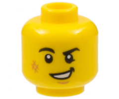 Minifigure, Head Black Eyebrows, Right Rounded, Medium Nougat Scuff Mark and Chin Dimple, Lopsided Open Mouth Smile with Teeth Pattern