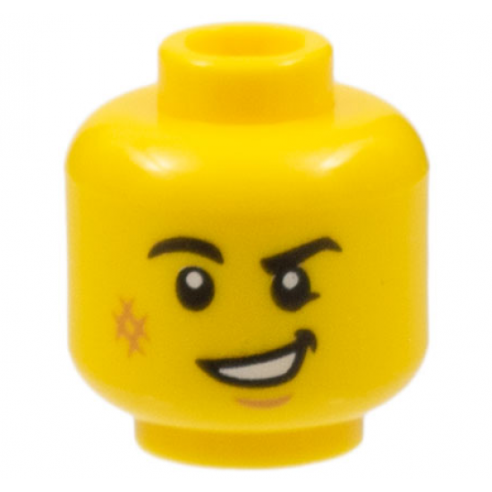 Minifigure, Head Black Eyebrows, Right Rounded, Medium Nougat Scuff Mark and Chin Dimple, Lopsided Open Mouth Smile with Teeth Pattern