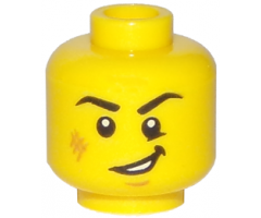 Minifigure, Head Black Eyebrows, Right Angled, Medium Nougat Scuff Mark and Chin Dimple, Lopsided Open Mouth Smile with Teeth Pattern