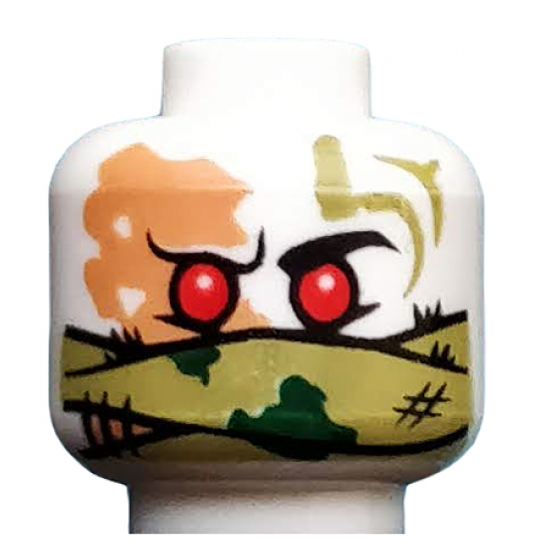 Minifigure, Head Alien Ninjago Red Eyes, Olive Green Bandana Wrap, Green Splotches, Stitching Pattern