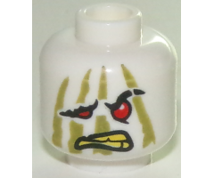 Minifigure, Head Alien Ninjago Red Eyes, Drooping Eye and Mouth Right, Olive Green Stripes, Yellow Teeth Pattern