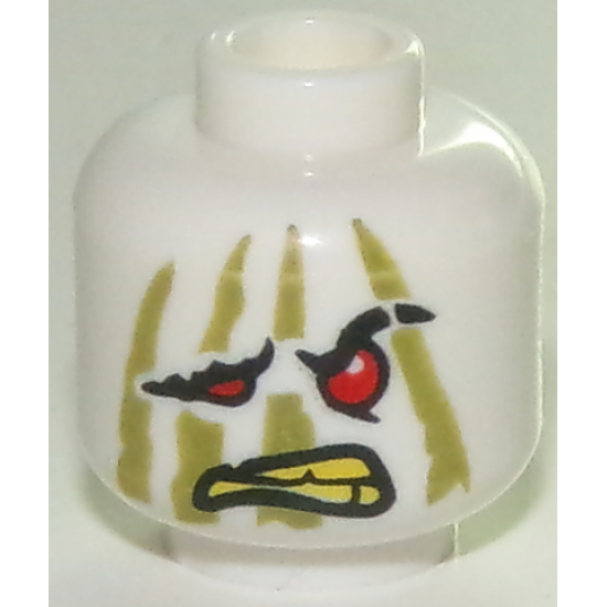 Minifigure, Head Alien Ninjago Red Eyes, Drooping Eye and Mouth Right, Olive Green Stripes, Yellow Teeth Pattern
