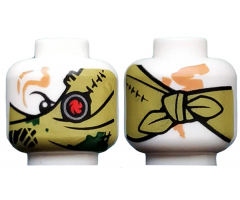 Minifigure, Head Alien Ninjago Red Eye Fan Left, Olive Green Bandana Wrap, Knot on Back Pattern