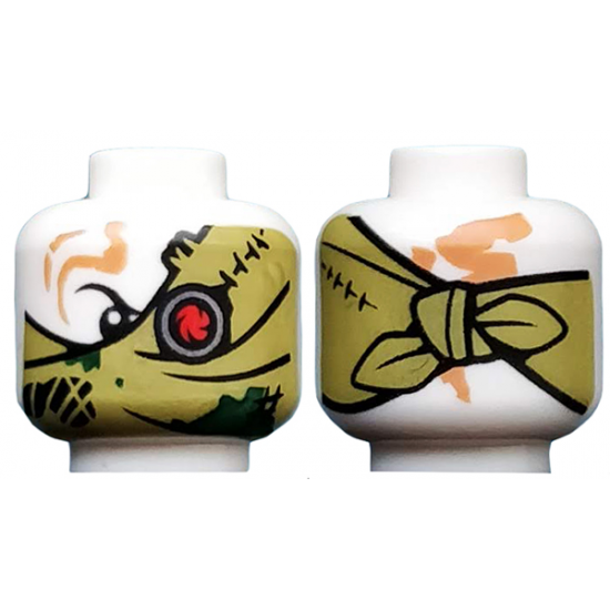 Minifigure, Head Alien Ninjago Red Eye Fan Left, Olive Green Bandana Wrap, Knot on Back Pattern