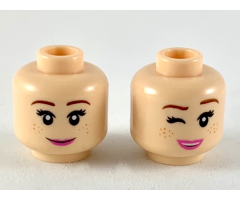 Minifigure, Head Dual Sided Female, Reddish Brown Eyebrows, Dark Orange Freckles, Dark Pink Lips, Smile / Wink Pattern