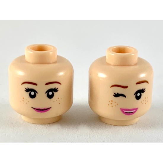 Minifigure, Head Dual Sided Female, Reddish Brown Eyebrows, Dark Orange Freckles, Dark Pink Lips, Smile / Wink Pattern