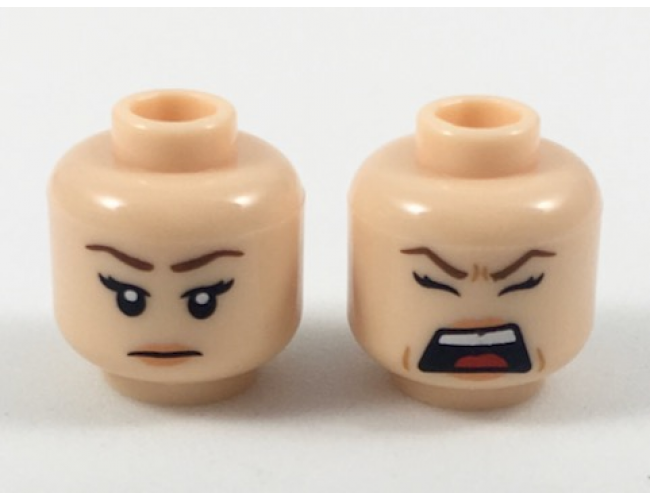 Minifigure, Head Dual Sided Female Reddish Brown Eyebrows, Bright Pink Lips, Neutral / Screaming Pattern