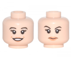 Minifigure, Head Dual Sided Female Black Eyebrows and Long Eyelashes, Nougat Lips, Open Smile / Closed Mouth, Eyebrow Raised Pattern