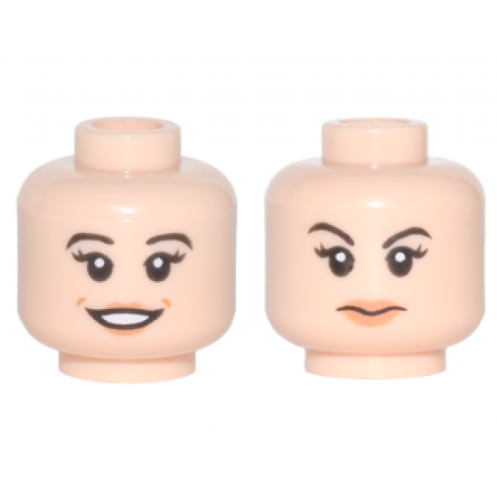 Minifigure, Head Dual Sided Female Black Eyebrows and Long Eyelashes, Nougat Lips, Open Smile / Closed Mouth, Eyebrow Raised Pattern