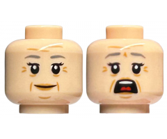 Minifigure, Head Dual Sided Female Dark Bluish Gray Eyebrows, Wrinkles, Smile / Open Mouth Scared Pattern