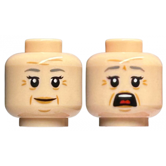 Minifigure, Head Dual Sided Female Dark Bluish Gray Eyebrows, Wrinkles, Smile / Open Mouth Scared Pattern
