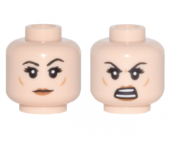 Minifigure, Head Dual Sided Female Black Eyebrows, Eyelashes, Medium Nougat Cheek Dimples, Dark Orange Lips, Neutral / Open Mouth Angry with Teeth Parted Pattern