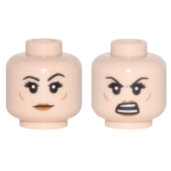 Minifigure, Head Dual Sided Female Black Eyebrows, Eyelashes, Medium Nougat Cheek Dimples, Dark Orange Lips, Neutral / Open Mouth Angry with Teeth Parted Pattern