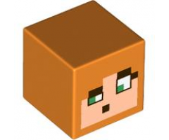 Minifigure, Head, Modified Cube with Pixelated Light Nougat Face, Green Eyes, Dark Brown Eyebrows and Mouth Pattern (Minecraft Alex)