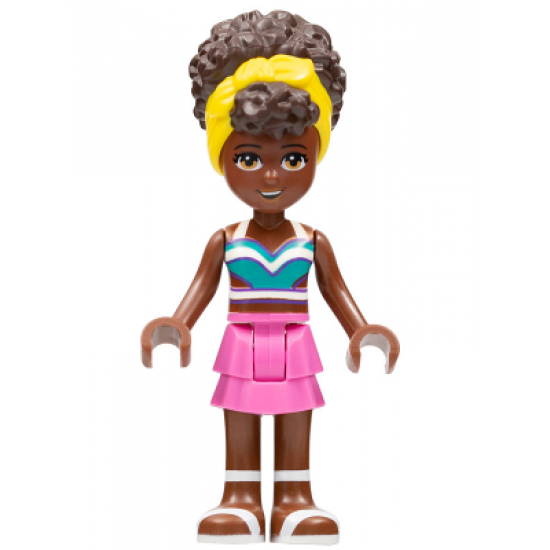 Friends Nandi, White and Dark Turquoise Tank Top, Dark Pink Skirt, White Sandals, Yellow Head Wrap
