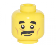 Minifigure, Head Black Short Thick Eyebrows, Moustache, Nougat Cheek Lines and Creases Under Eyes, Lopsided Grin Pattern