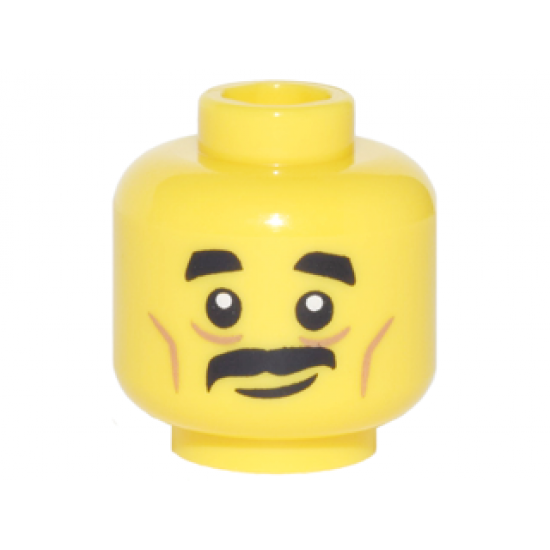 Minifigure, Head Black Short Thick Eyebrows, Moustache, Nougat Cheek Lines and Creases Under Eyes, Lopsided Grin Pattern