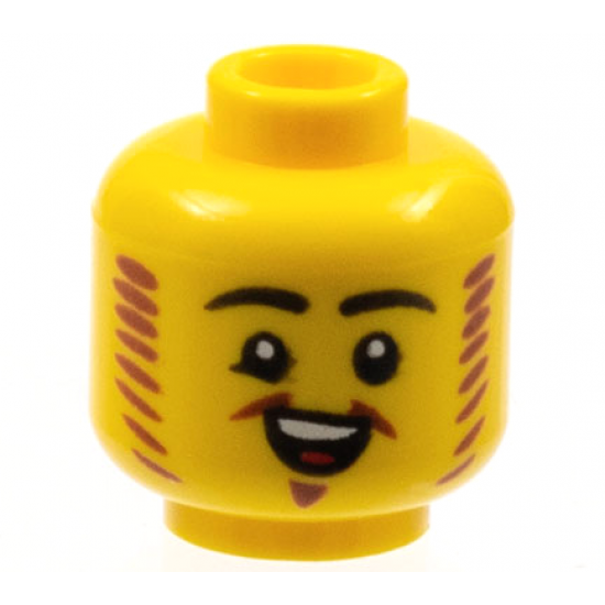 Minifigure, Head Black Eyebrows, Reddish Brown Mutton Chops and Van Dyke Beard, Open Smile Pattern