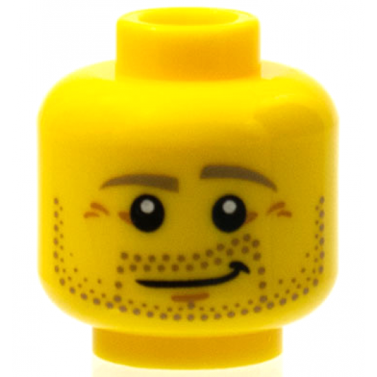 Minifigure, Head Beard Dark Tan Eyebrows and Beard Stubble, Dark Orange Chin Dimple and Wrinkles, Lopsided Grin with Dimple Pattern