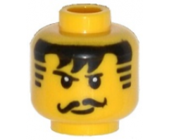 Minifigure, Head Black Thin Eyebrows, Curled Moustache, Hair with Bangs and Striped Sideburns, Small Lopsided Grin, White Glints in Eyes Pattern