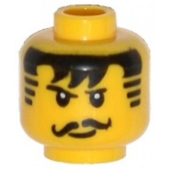 Minifigure, Head Black Thin Eyebrows, Curled Moustache, Hair with Bangs and Striped Sideburns, Small Lopsided Grin, White Glints in Eyes Pattern