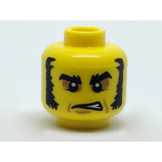 Minifigure, Head Black Eyebrows and Mutton Chops, Dark Tan Around Eyes, Gruff Expression Pattern