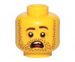 Minifigure, Head Dark Brown Beard Stubble, Dark Brown Eyebrows, Left Raised, Open Mouth, Teeth and Tongue, Scared Pattern