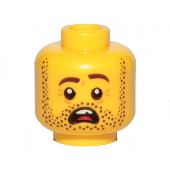 Minifigure, Head Dark Brown Beard Stubble, Dark Brown Eyebrows, Left Raised, Open Mouth, Teeth and Tongue, Scared Pattern