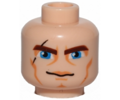 Minifigure, Head Reddish Brown Thick Eyebrows, Large Blue Eyes, Black Scar, Nougat Eye Shadow, Upper Lip, Cheek Lines and Chin Dimple, Slight Grin Pattern