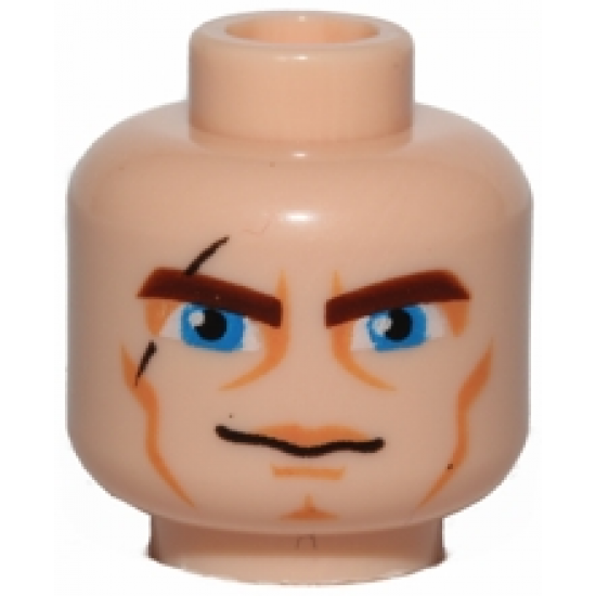 Minifigure, Head Reddish Brown Thick Eyebrows, Large Blue Eyes, Black Scar, Nougat Eye Shadow, Upper Lip, Cheek Lines and Chin Dimple, Slight Grin Pattern