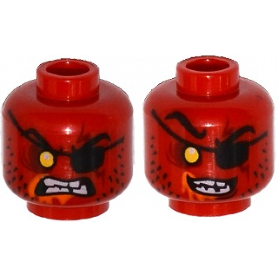 Minifigure, Head Dual Sided Alien Eye Patch, Yellow Sunken Eye, Stubble, Orange Mouth Froth, Evil Smile / Open Mouth Angry Pattern