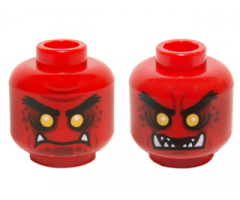 Minifigure, Head Dual Sided Alien Black Eyebrows, Yellow Eyes, Dark Red Spots, 2 Fangs, Closed Mouth / Open Mouth Teeth Pattern