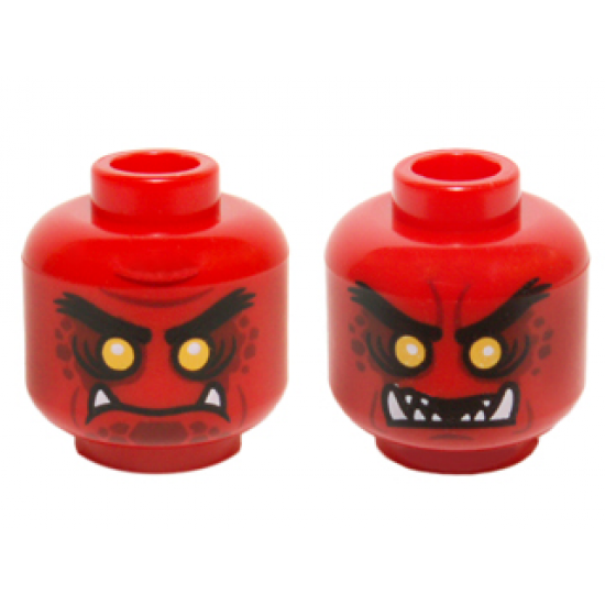 Minifigure, Head Dual Sided Alien Black Eyebrows, Yellow Eyes, Dark Red Spots, 2 Fangs, Closed Mouth / Open Mouth Teeth Pattern