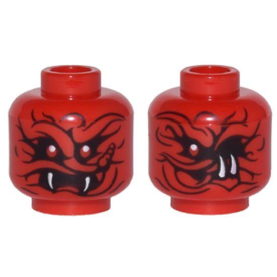 Minifigure, Head Dual Sided Alien Snake with Black Wavy Lines, 2 Red Eyes and 2 White Fangs / 1 Red Eye and 2 White Fangs on Side Pattern