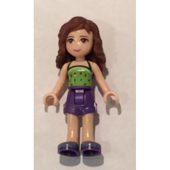 Friends Olivia, Dark Purple Shorts, Lime Halter Top with Dark Green Spots Pattern