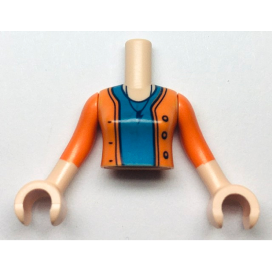 Torso Mini Doll Girl Dark Azure Shirt and Orange Sweater with Necklace and Lightning Bolt Pattern, Light Nougat Arms with Hands with Orange Sleeves