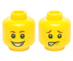 Minifigure, Head Dual Sided Child Small Reddish Brown Eyebrows and Freckles, Open Mouth Smile with Teeth / Worried Pattern