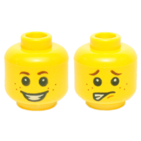 Minifigure, Head Dual Sided Child Small Reddish Brown Eyebrows and Freckles, Open Mouth Smile with Teeth / Worried Pattern